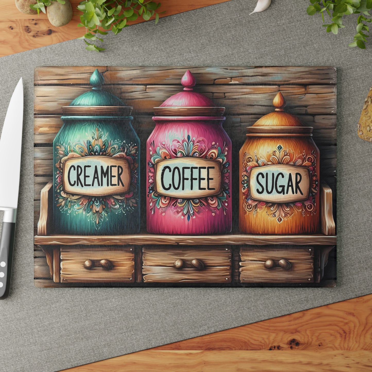 Farmhouse Canister Glass Cutting Board – Coffee, Sugar & Creamer Display