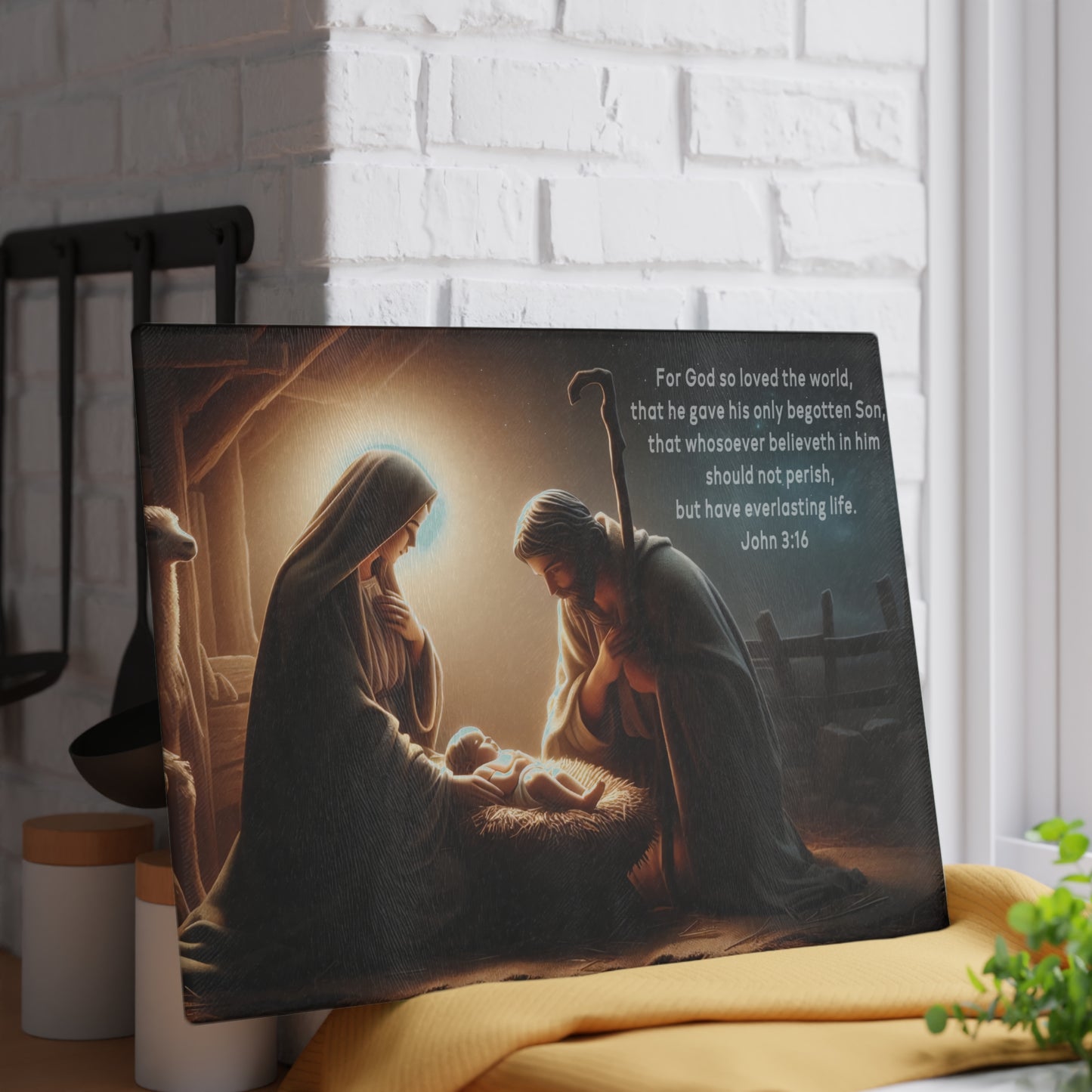 🌟🙏 Nativity Scene Cutting Board – John 3:16 Christmas Kitchen Décor ✝️✨