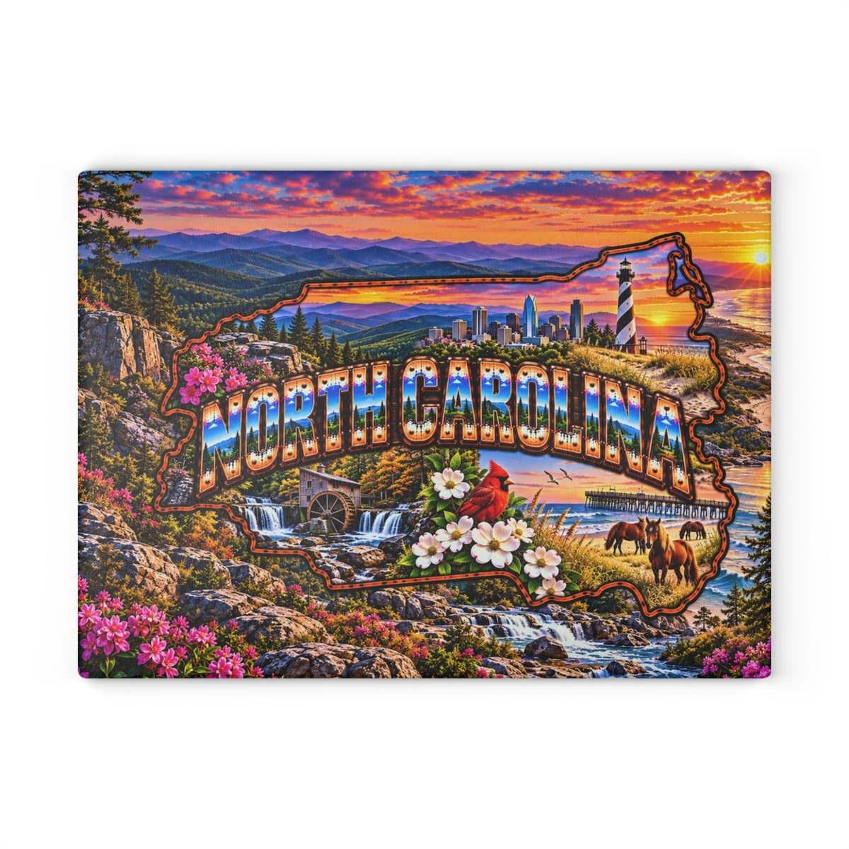 North Carolina Glass Cutting Board – State Map, Blue Ridge Mountains, Cape Hatteras Lighthouse, Cardinal, Wild Horses & Coastal Sunset Kitchen Décor