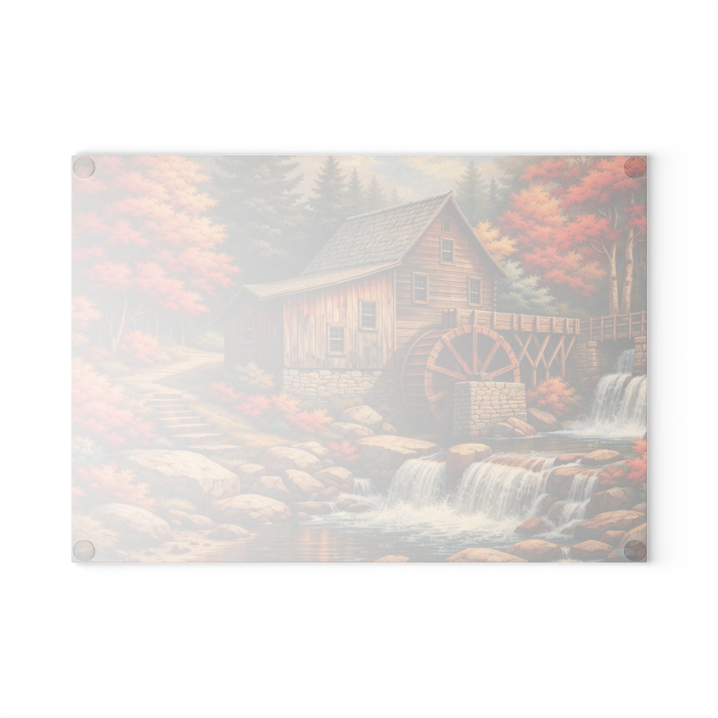 Autumn Watermill Cottage Glass Cutting Board – Rustic Fall Waterfall Kitchen Art