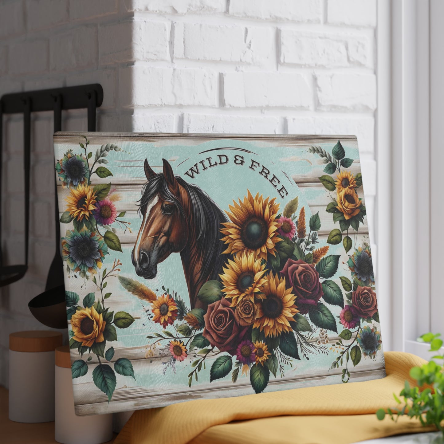 🌻🐎 Wild & Free Horse Cutting Board – Rustic Farmhouse Charm with Sunflowers & Roses 🌹🌾