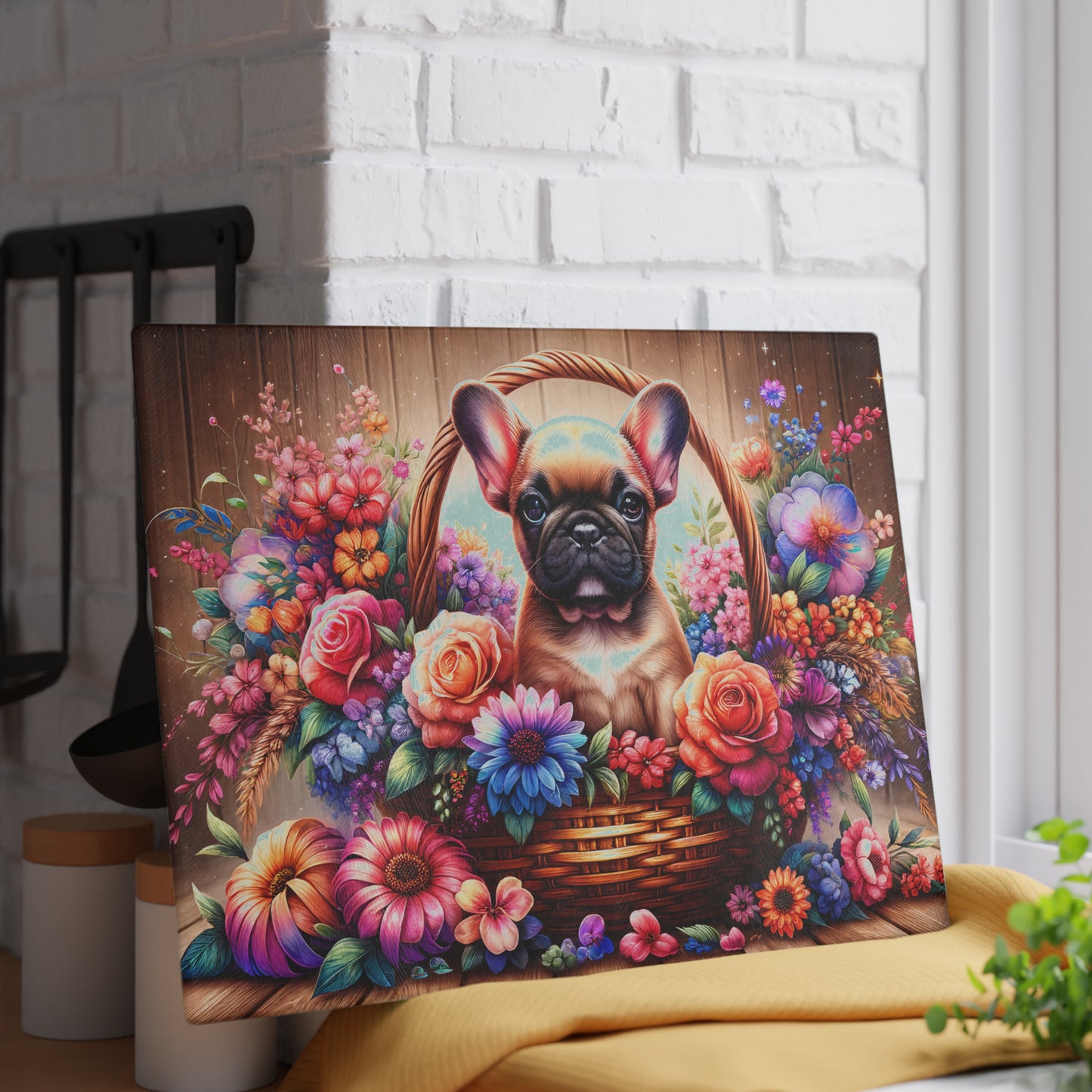 🐾 Fawn French Bulldog in Bloom Basket Cutting Board – Rustic Elegance Meets Frenchie Charm 🌼