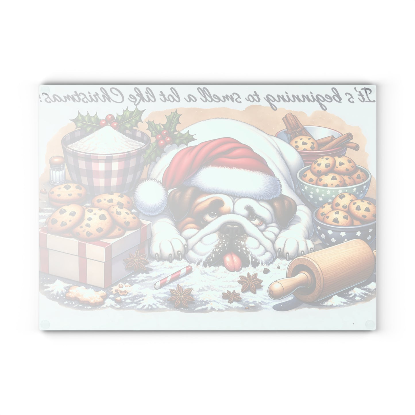 🐶🎄 “It’s Beginning to Smell a Lot Like Christmas” Bulldog Cutting Board – Festive Kitchen Cheer