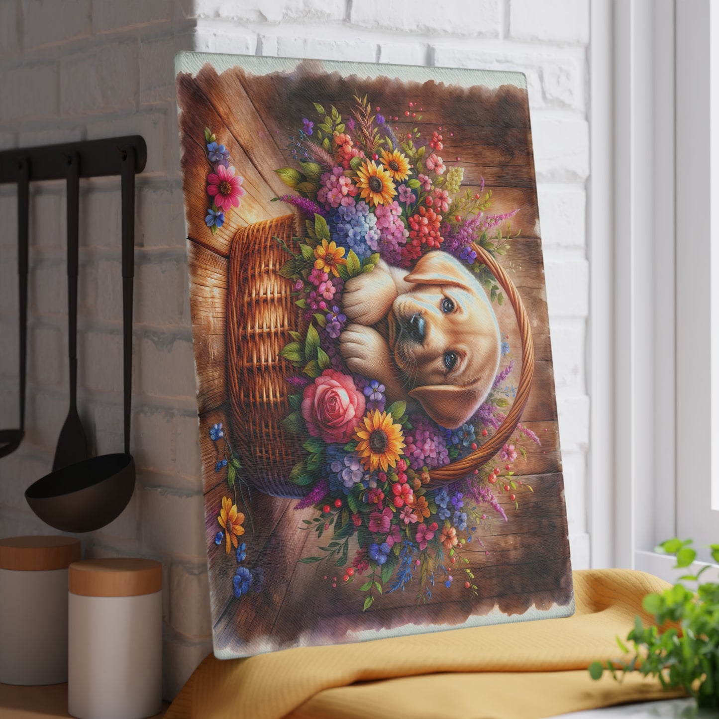 🐾 Yellow Labrador Puppy Floral Basket Cutting Board – Sweet Charm for Your Kitchen 🌸