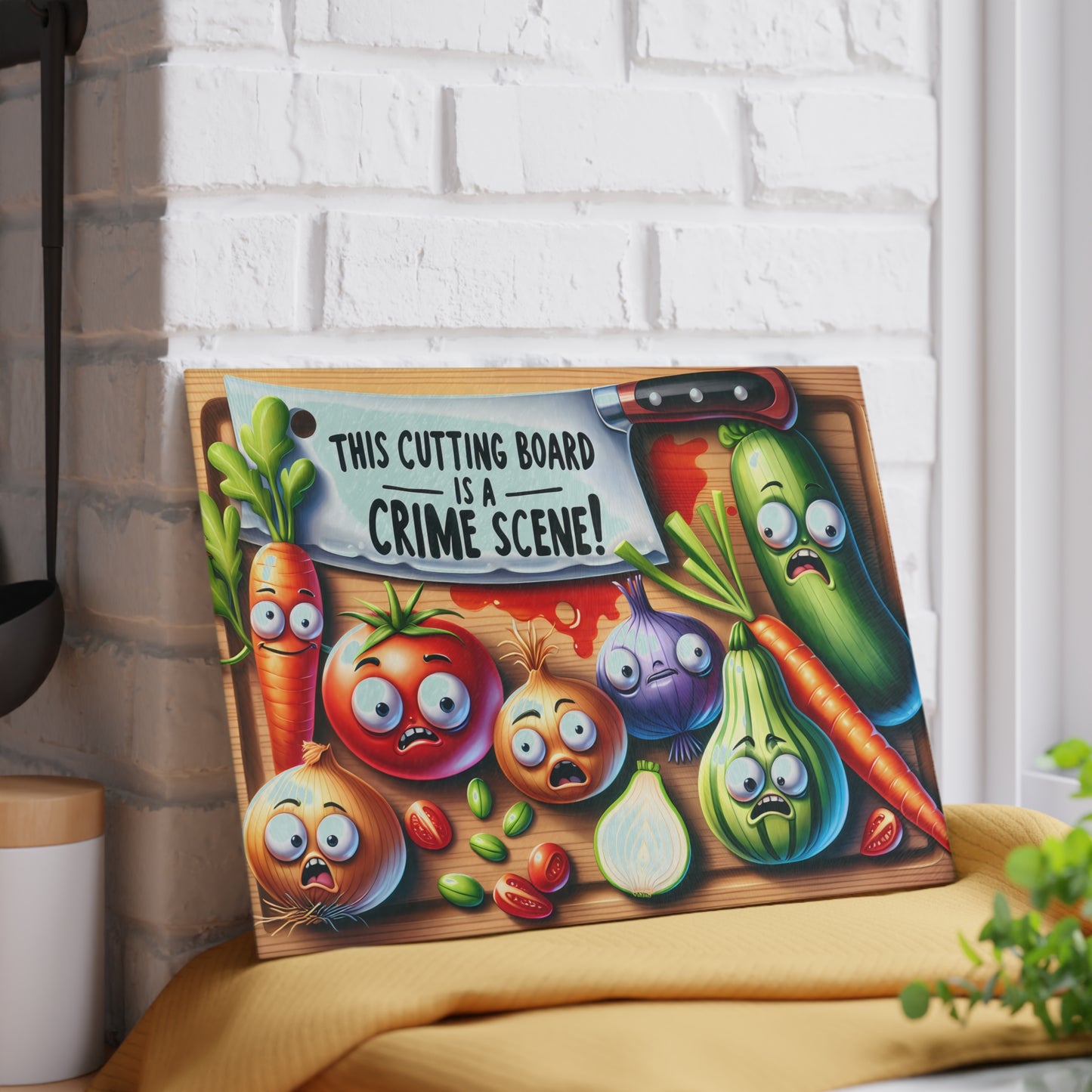 Tabla de cortar de vidrio con temática de escena del crimen en la cocina: verduras, pan y salami que gritan, decoración divertida para la cocina