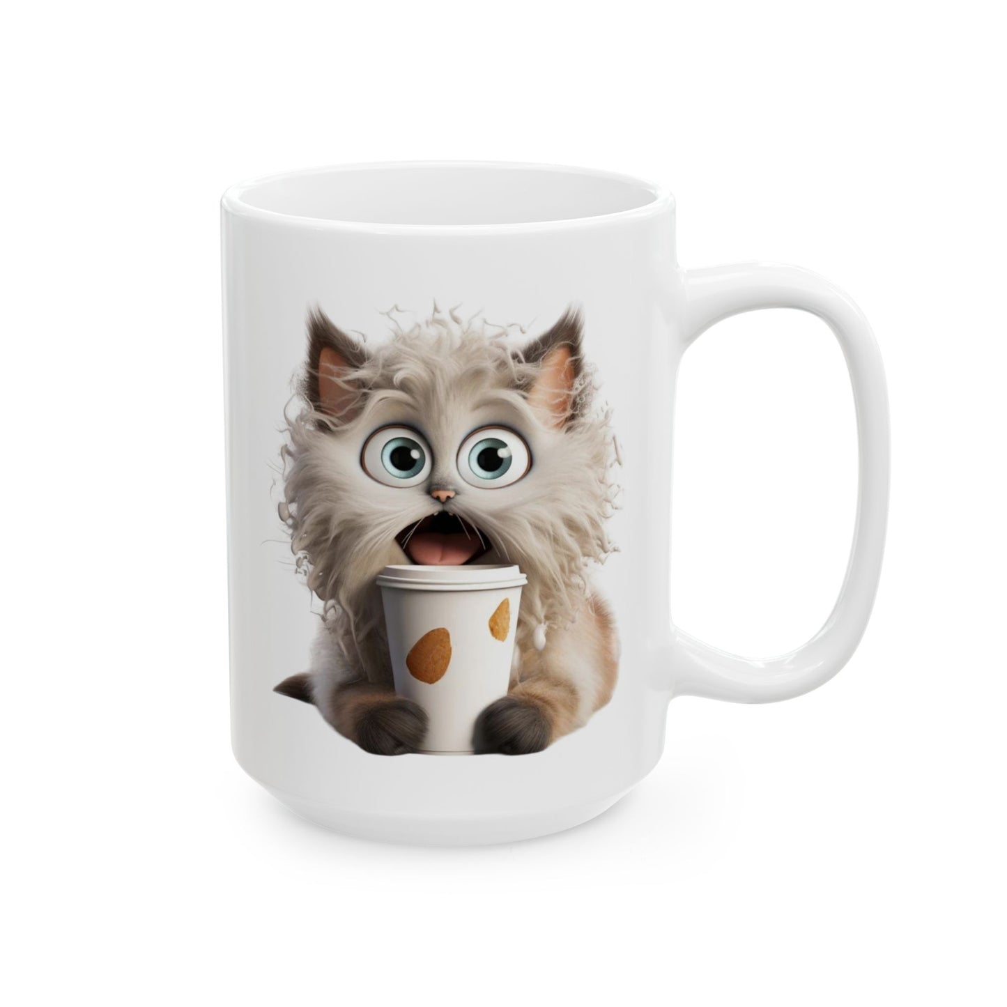 Fluffy Cat Coffee Mug – Funny Surprised Cat Holding a Coffee Cup – Personalized
