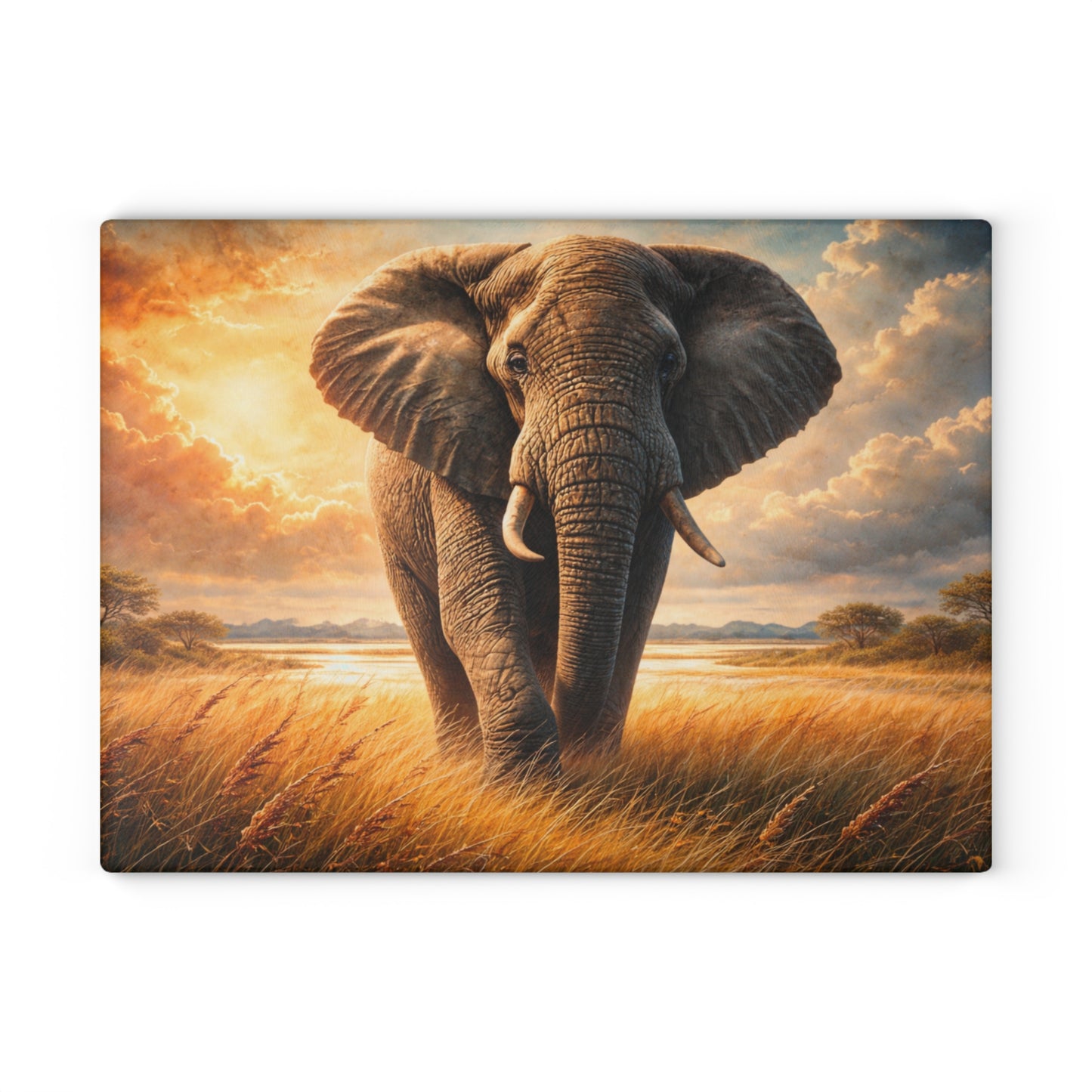 Majestic Elephant Sunset Savanna Glass Cutting Board – Bold Wildlife Landscape Kitchen Art