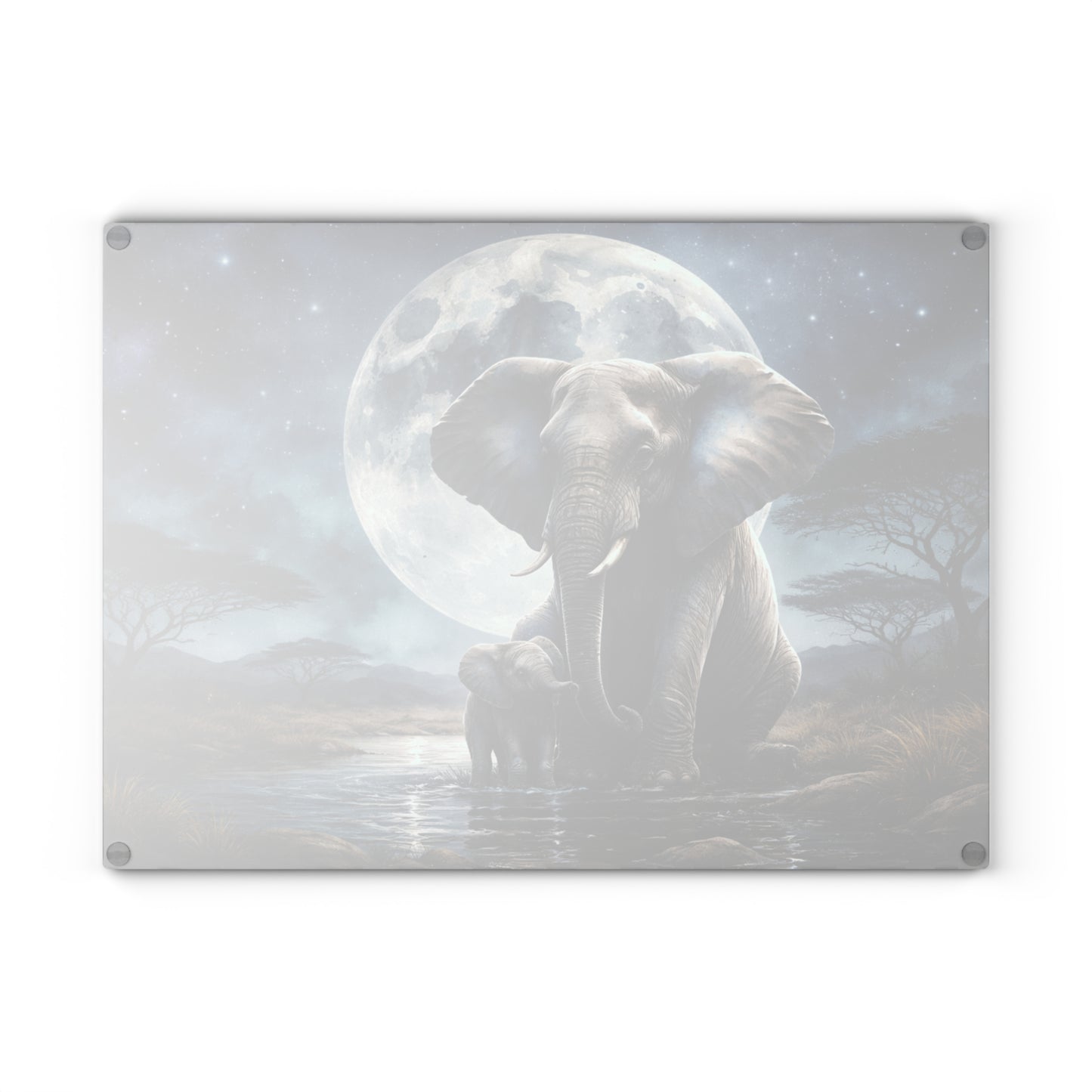 Moonlit Elephant and Calf Glass Cutting Board – Mystical Night Safari Wildlife Art