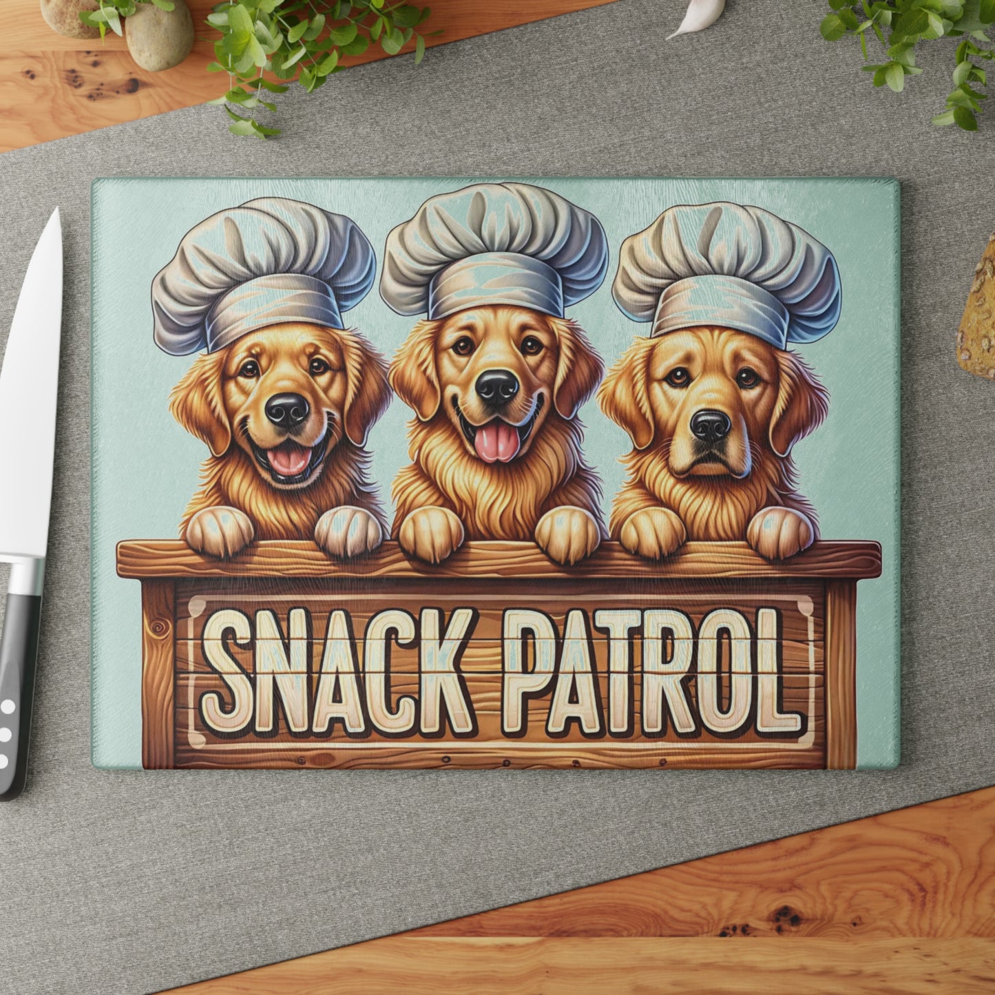 🐶🍪 “Snack Patrol” Glass Cutting Board – Golden Retrievers on Duty