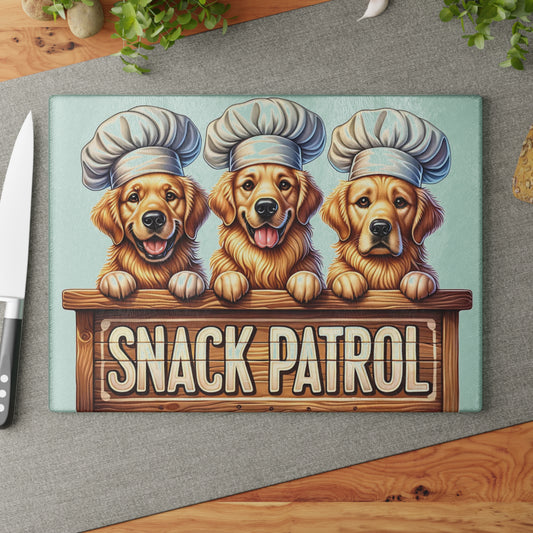 🐶🍪 “Snack Patrol” Glass Cutting Board – Golden Retrievers on Duty