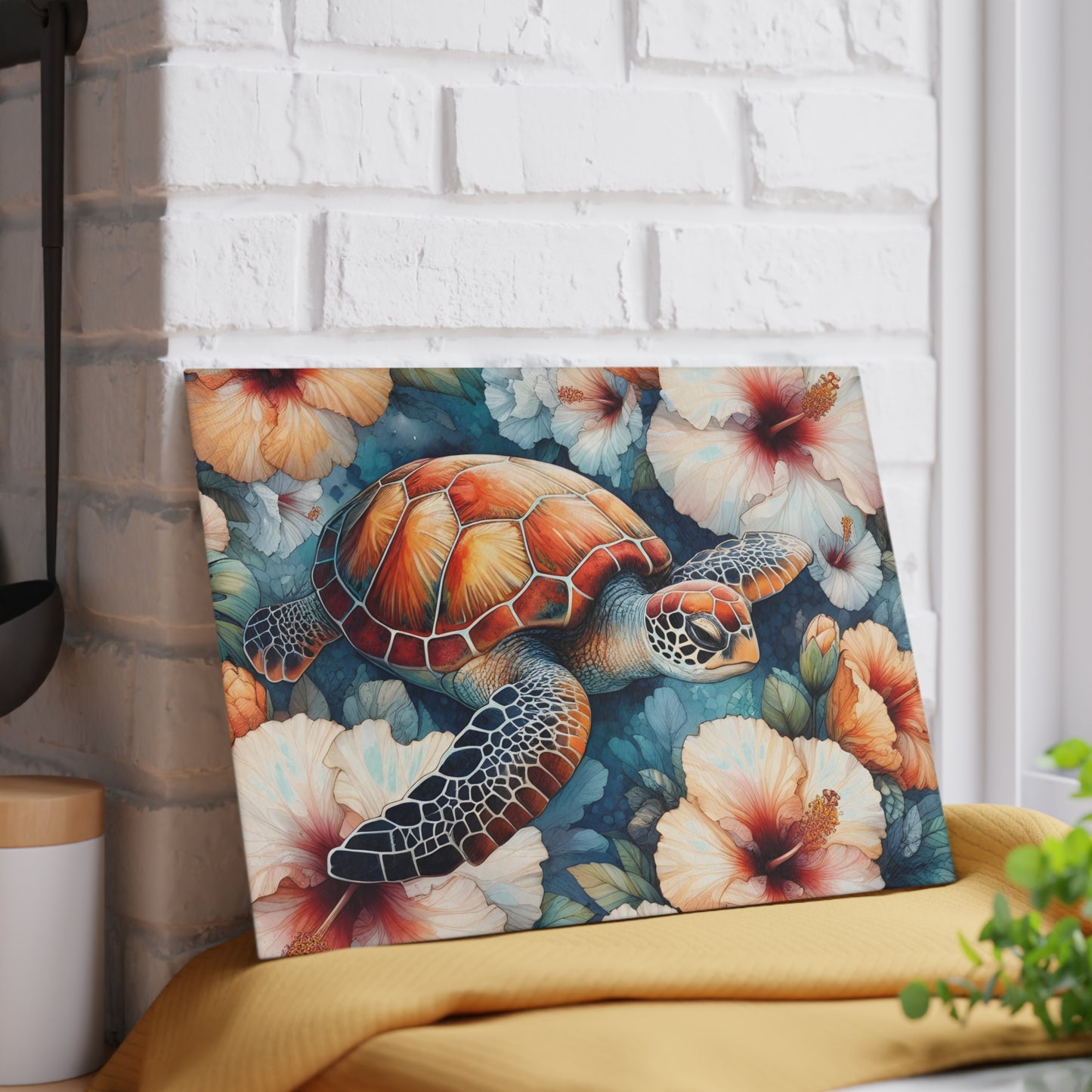 🐢 Tropical Sea Turtle & Hibiscus Cutting Board – Coastal Elegance for Your Kitchen 🌺
