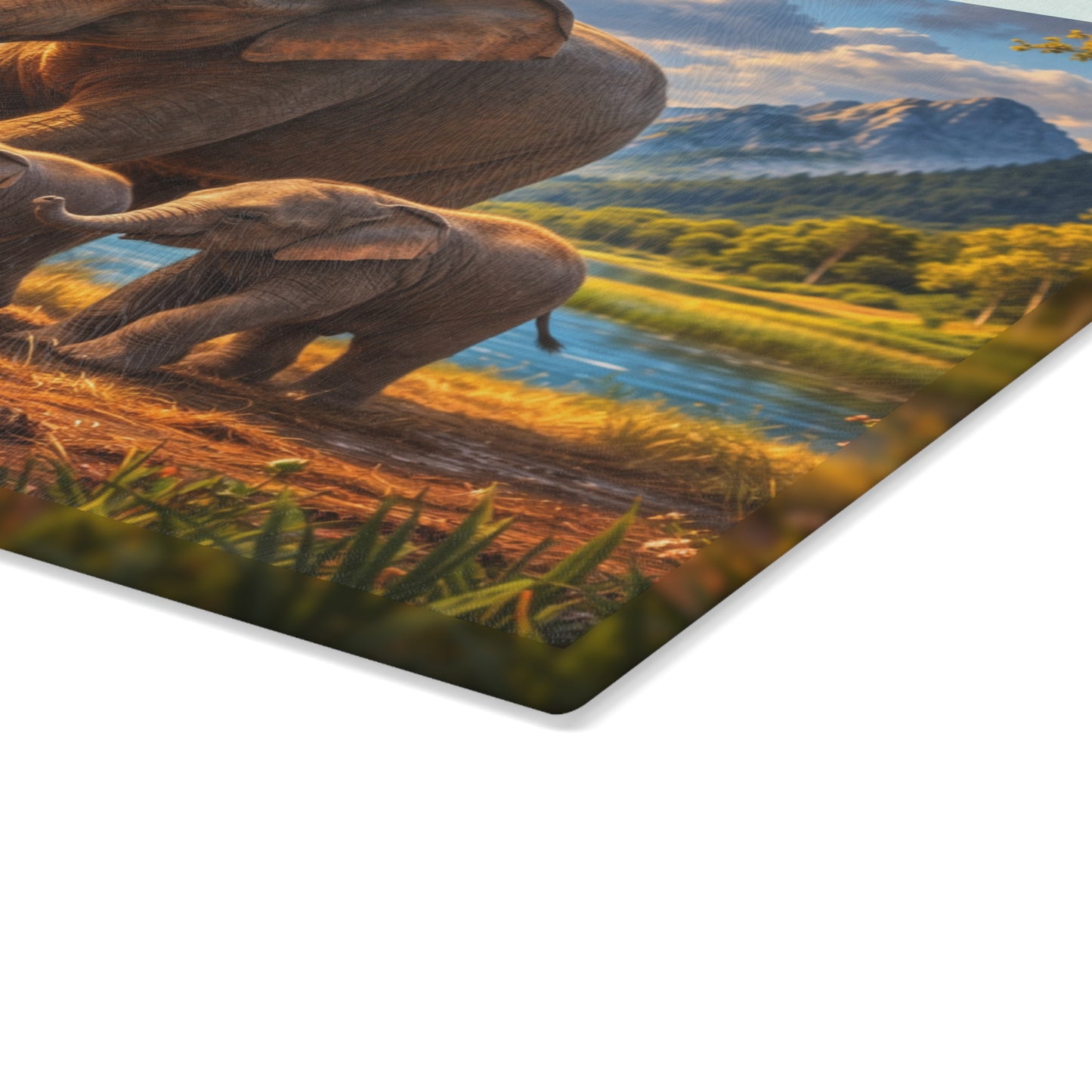 Mother Elephant with Calves Glass Cutting Board – Peaceful Wildlife Family Kitchen Art
