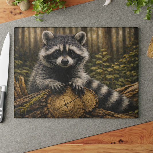 Raccoon Woodland Glass Cutting Board – Forest Wildlife Artwork