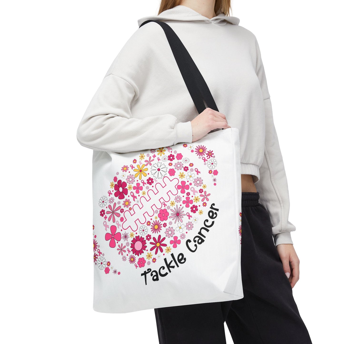 🌸 Pink Floral Football Tote Bag – Game Day Meets Breast Cancer Awareness 🎀👜