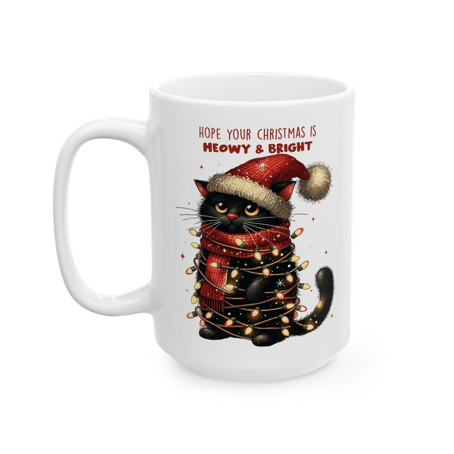 🐾🎄 Meowy & Bright Cat Christmas Mug – Festive Black Cat with Lights & Sass 🎅✨