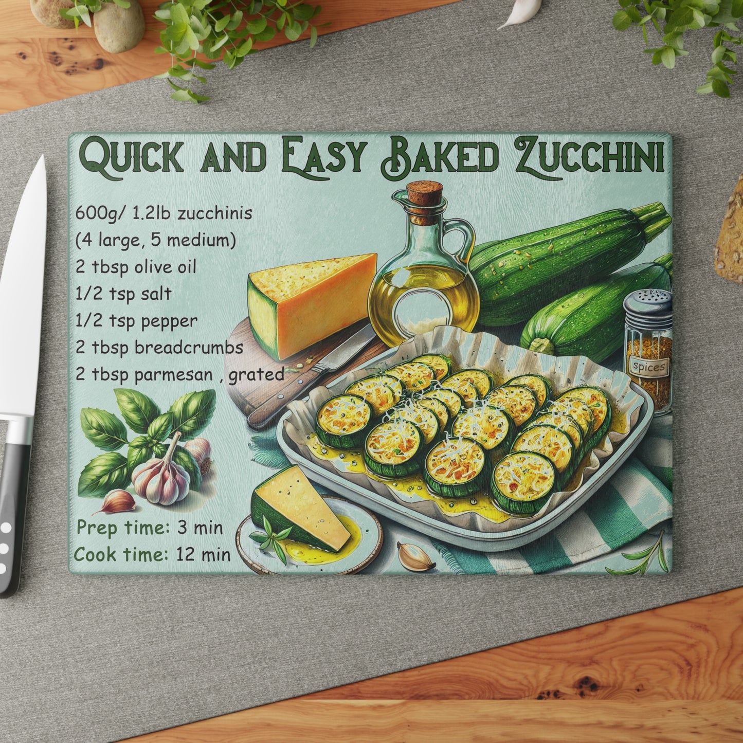 🥒 Quick and Easy Baked Zucchini – Healthy Kitchen Recipe Cutting Board