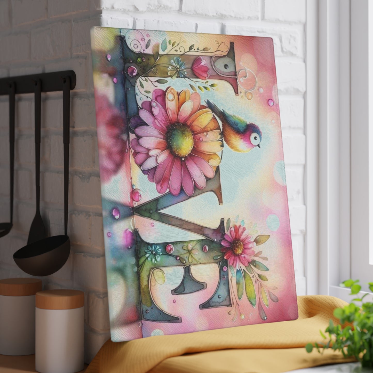 Tabla de cortar, diseño de amor con pájaros y girasoles, decoración de cocina, bandeja de vidrio para servir, regalo de inauguración de la casa, utensilio de cocina