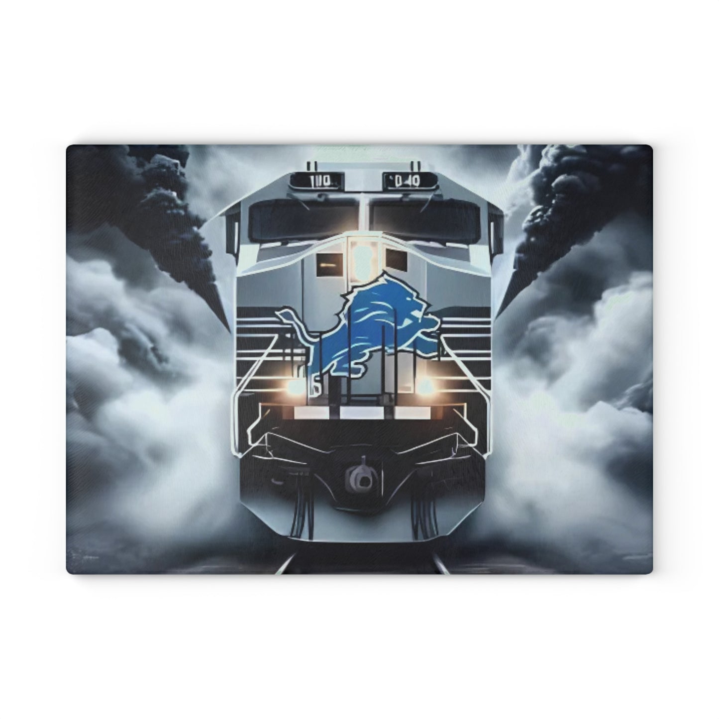 Light Blue & Silver Express Glass Cutting Board – Sleek Train Design for Cool, Modern Kitchens