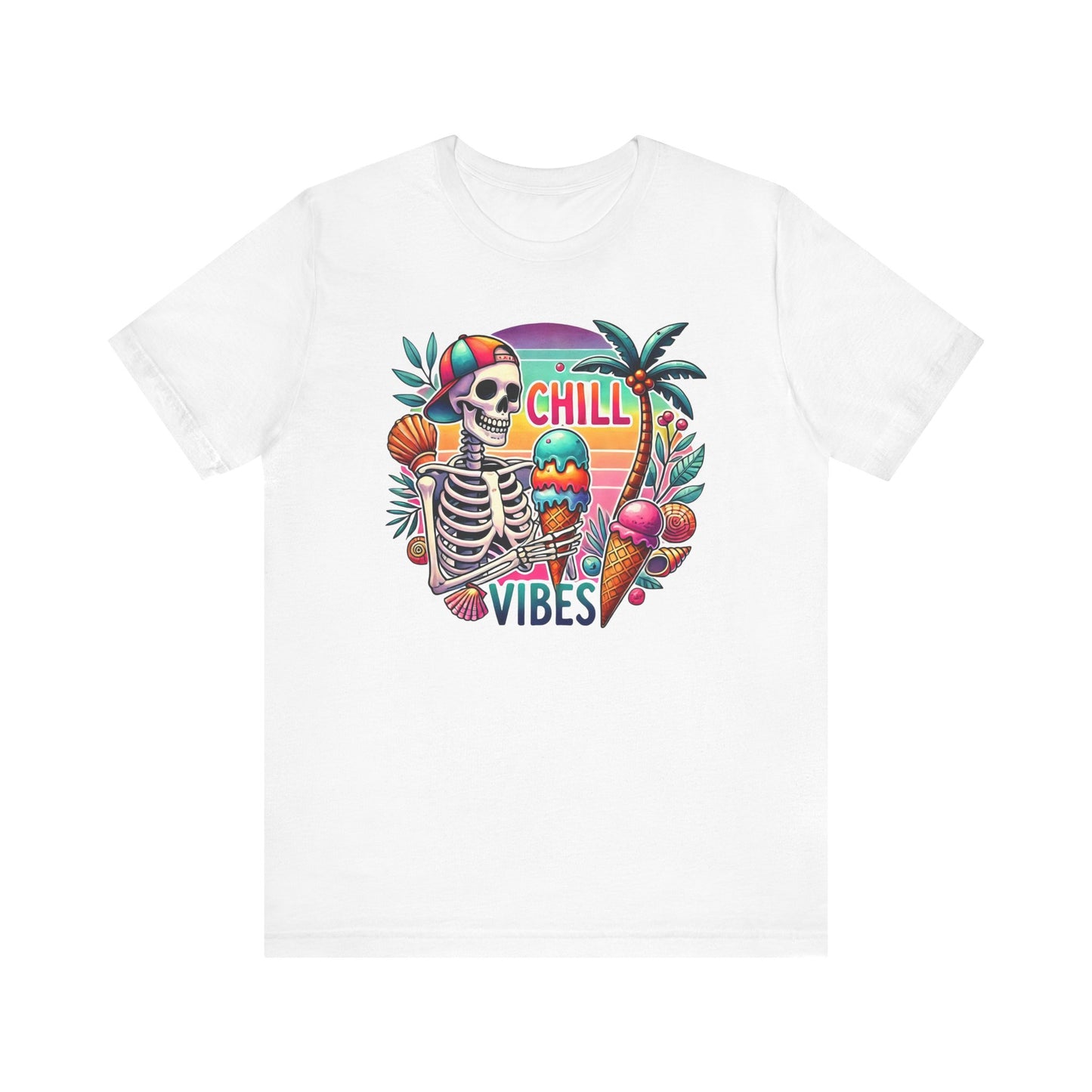Camiseta Chill Vibes – Esqueleto con helado | Camiseta retro divertida de verano (solo blanca)