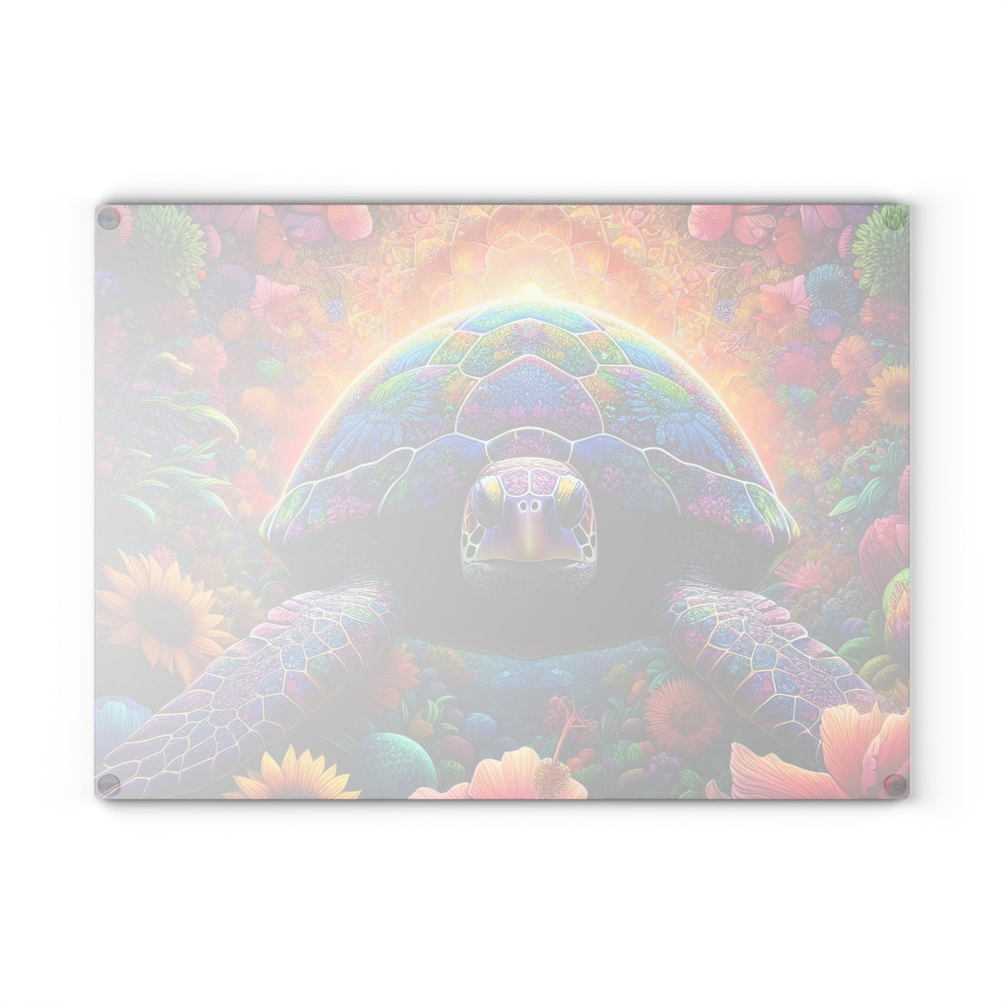 Tabla de cortar de tortuga con flores de neón: colores vibrantes, magia costera y flores artísticas