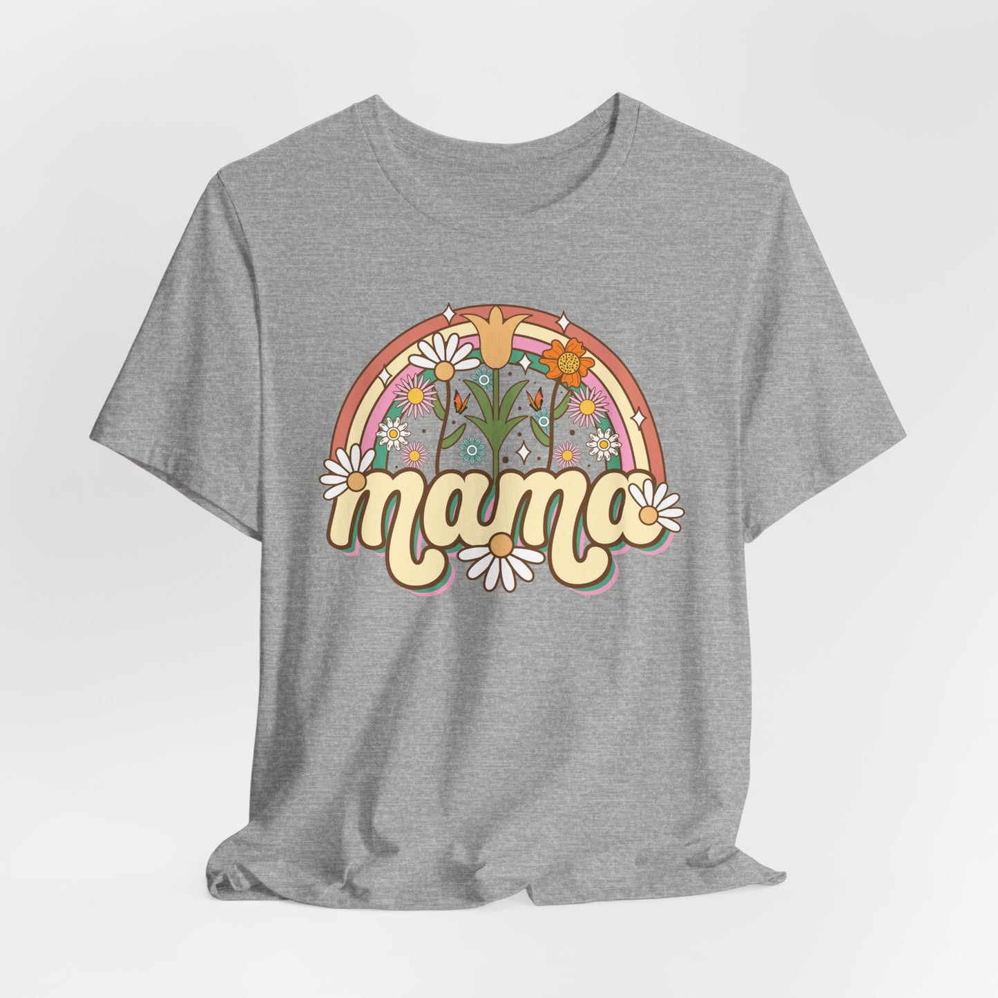 🌼🌈 Retro Floral Mama T-Shirt – Boho Rainbow Graphic Tee for Moms 🌻✨