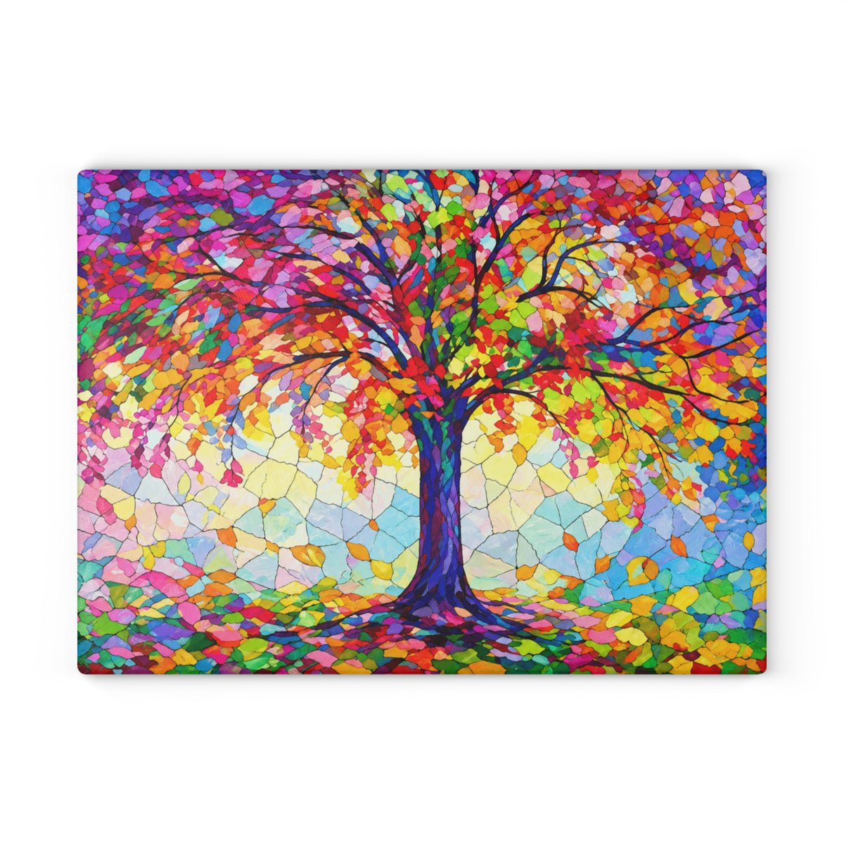 Colorful Tree of Life Stained-Glass-Inspired Glass Cutting Board – Rainbow Nature Decor