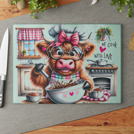 🐮 Sweet Highland Cow Baking Cutting Board – "We Cook With Love" Kitchen Whimsy