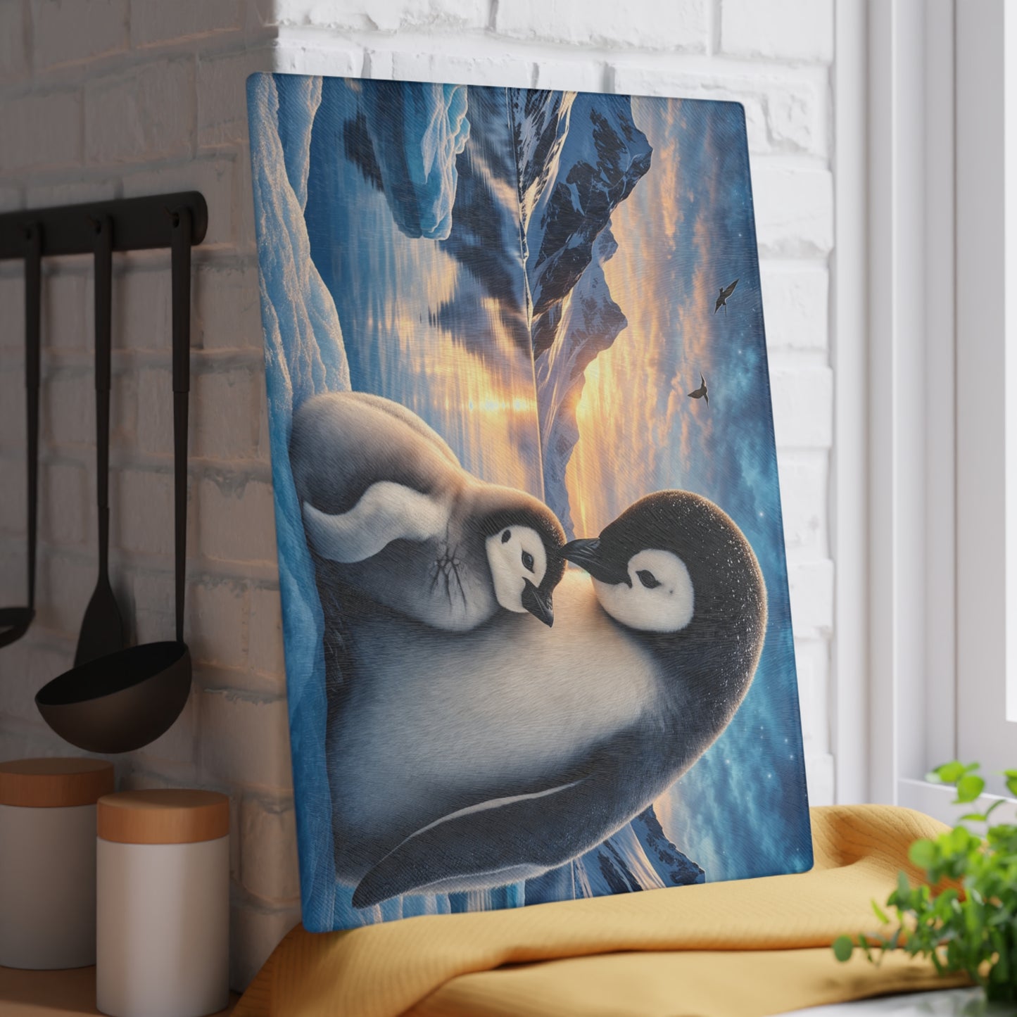 Arctic Penguin Love Glass Cutting Board – Peaceful Polar Wildlife Kitchen Art