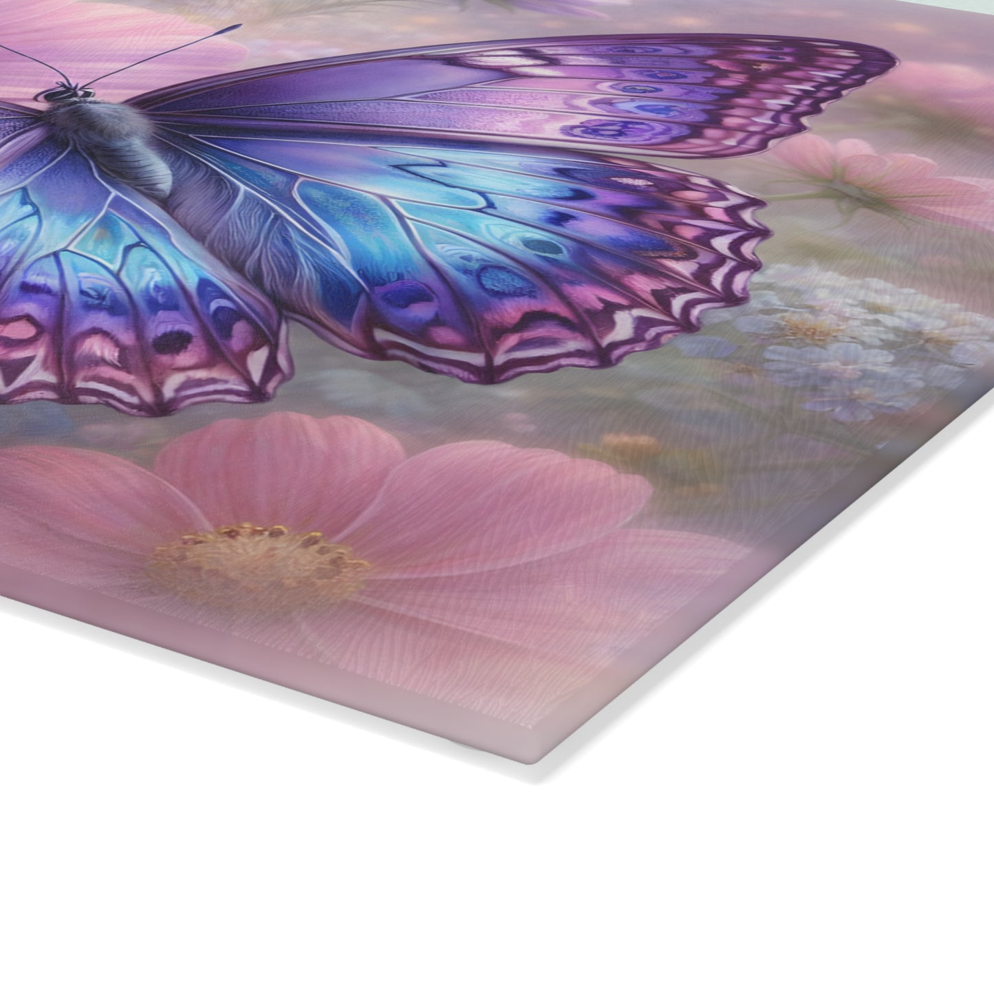 Purple & Blue Butterfly Glass Cutting Board – Dreamy Cosmos Floral Butterfly Art