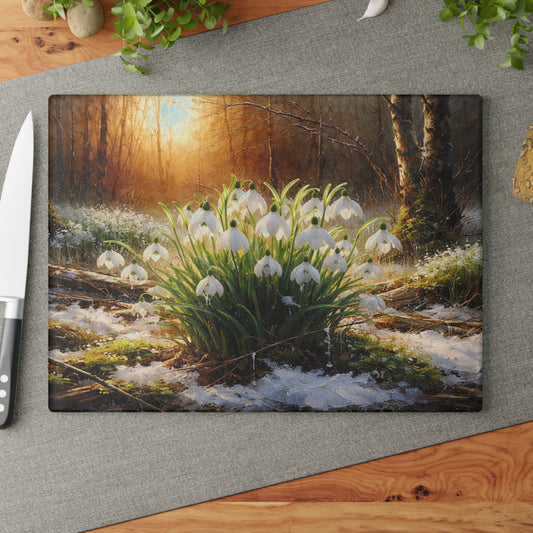 Snowdrops in Winter Forest Glass Cutting Board – Early Spring Botanical Nature Art