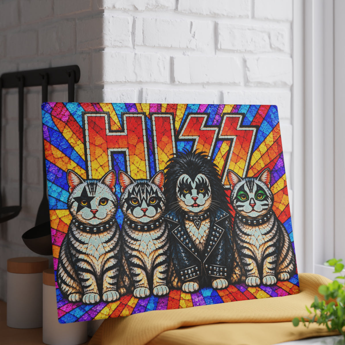 Hiss Cats Stained-Glass-Look Glass Cutting Board – Funny Rock Cats Kitchen Decor