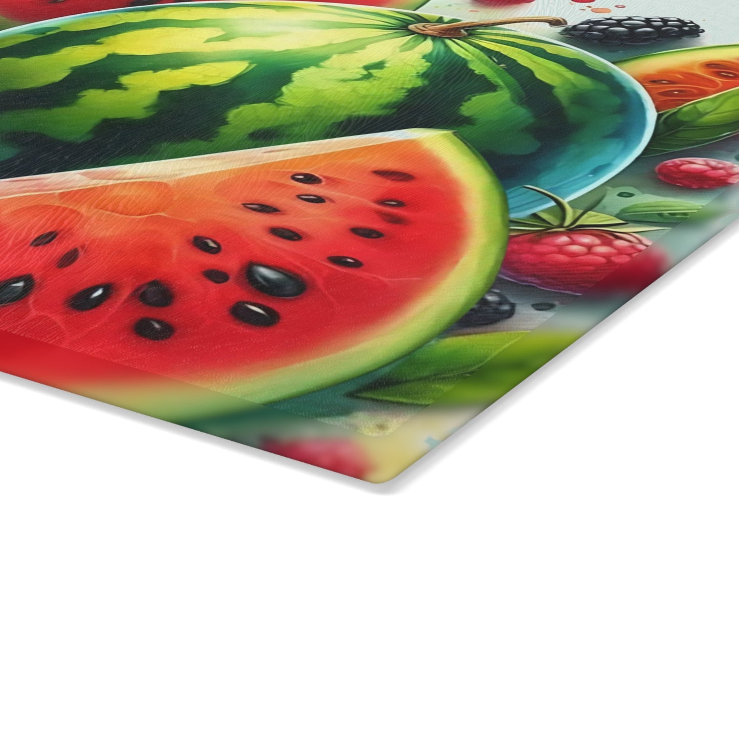 Tabla de cortar de vidrio con sandía jugosa: un dulce ambiente de cocina de verano