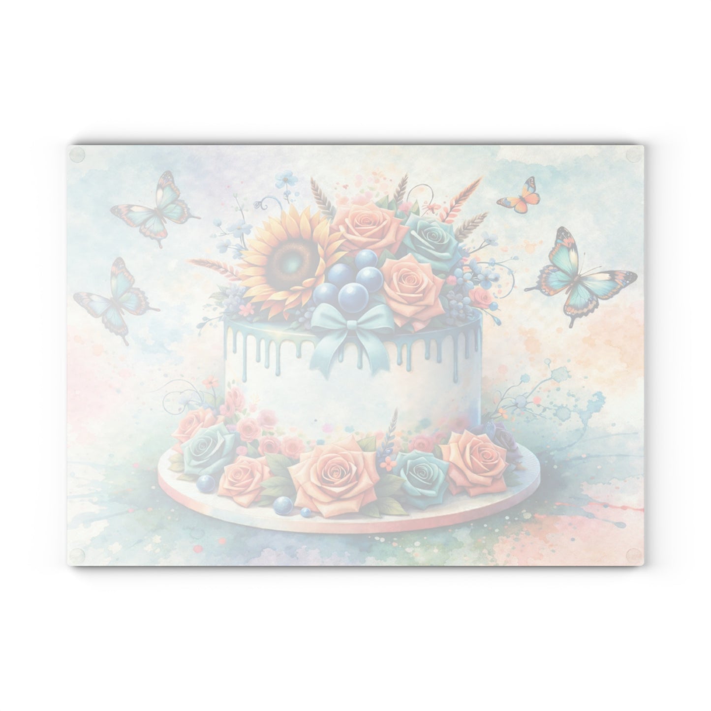 Floral Celebration Cake Glass Cutting Board – Elegant Dessert Kitchen Decor