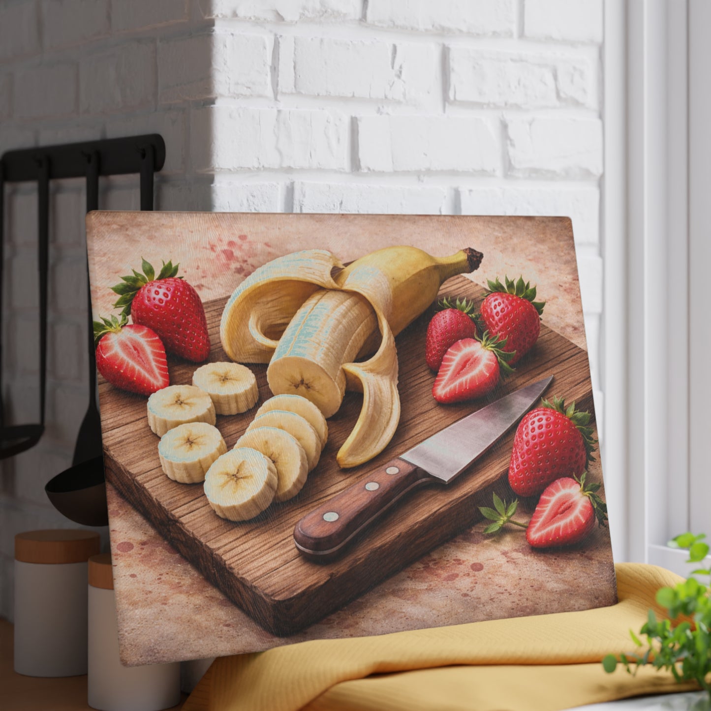 Banana and Strawberry Kitchen Art Glass Cutting Board – Rustic Breakfast Inspired Design