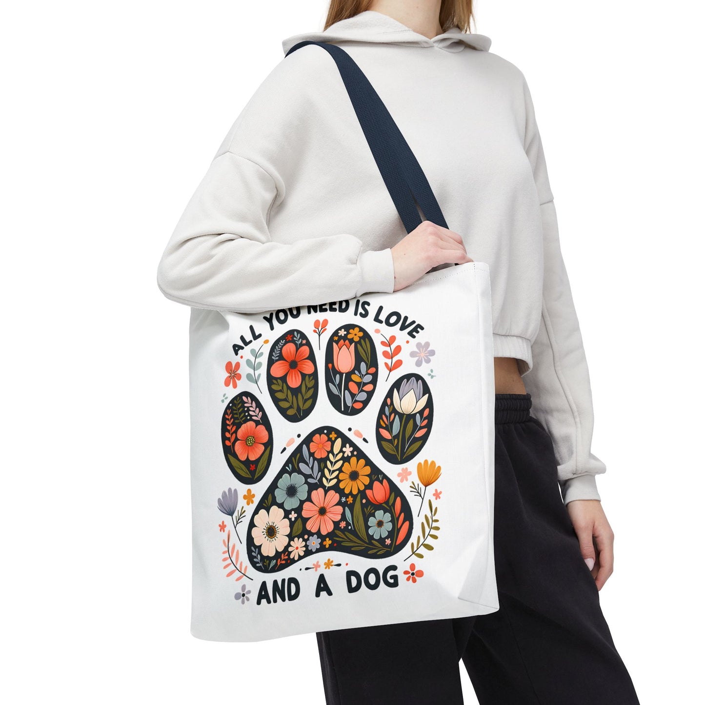 🐾 All You Need is Love and a Dog Tote Bag – Floral Paw Print Perfection 🌸