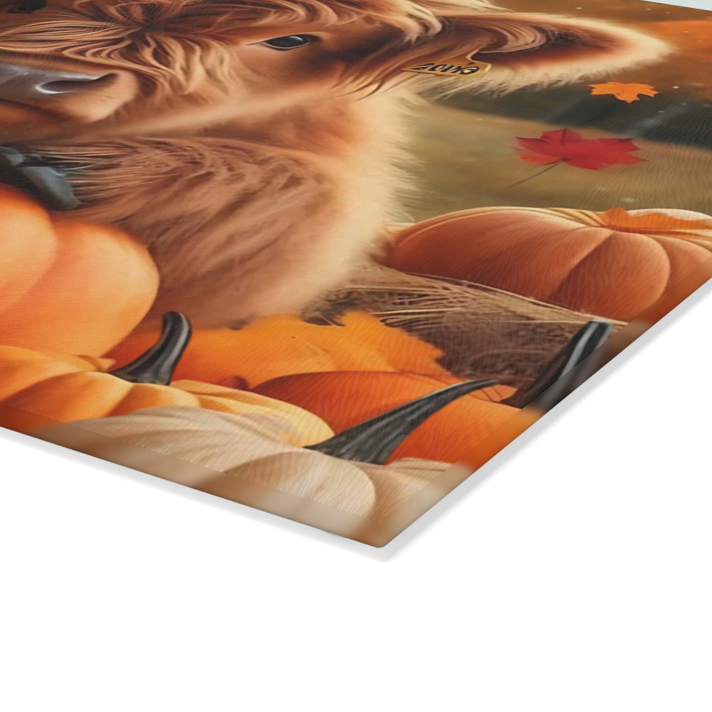 🍂🐮 Autumn Highland Calf Cutting Board – Rustic Fall Kitchen Décor with Pumpkins & Falling Leaves 🎃🍁