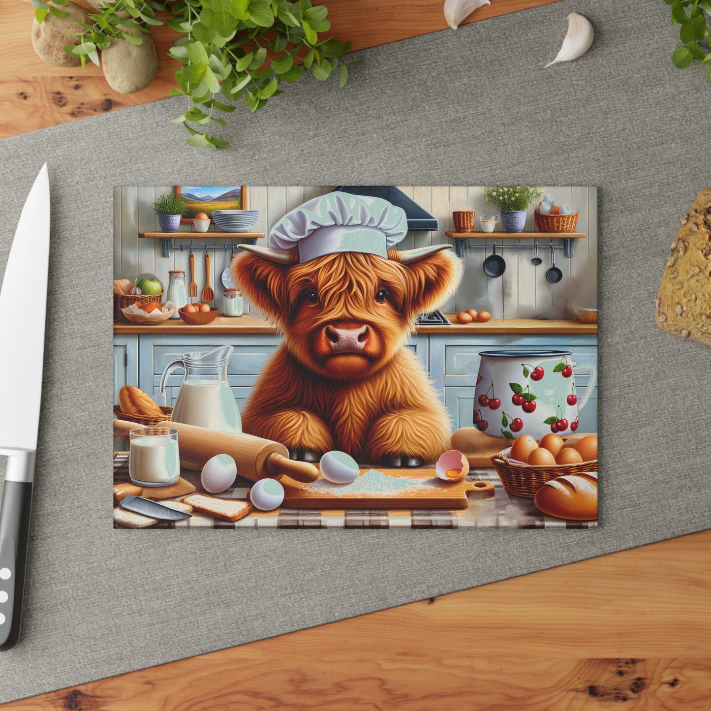 🐮 Holiday Highland Chef Cow Cutting Board – Rustic Charm with Kitchen Whimsy