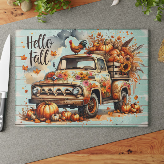 🍂🚜 Hello Fall Truck Cutting Board – Rustic Farmhouse Charm with Pumpkins & Sunflowers 🌻🐓
