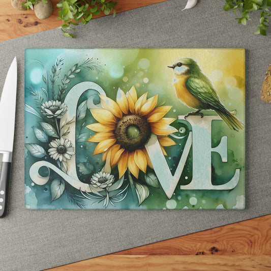 Tabla de cortar, diseño de amor con pájaros y girasoles, decoración de cocina, bandeja de vidrio para servir, regalo de inauguración de la casa, utensilio de cocina