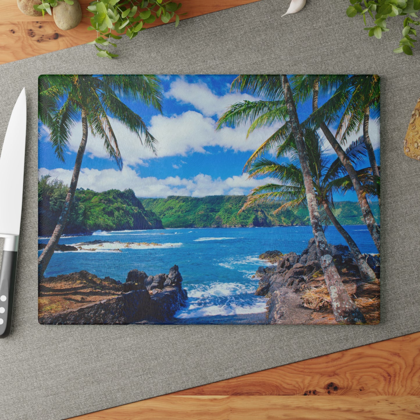 Beach & Palm Trees Glass Cutting Board – Coastal Kitchen Decor