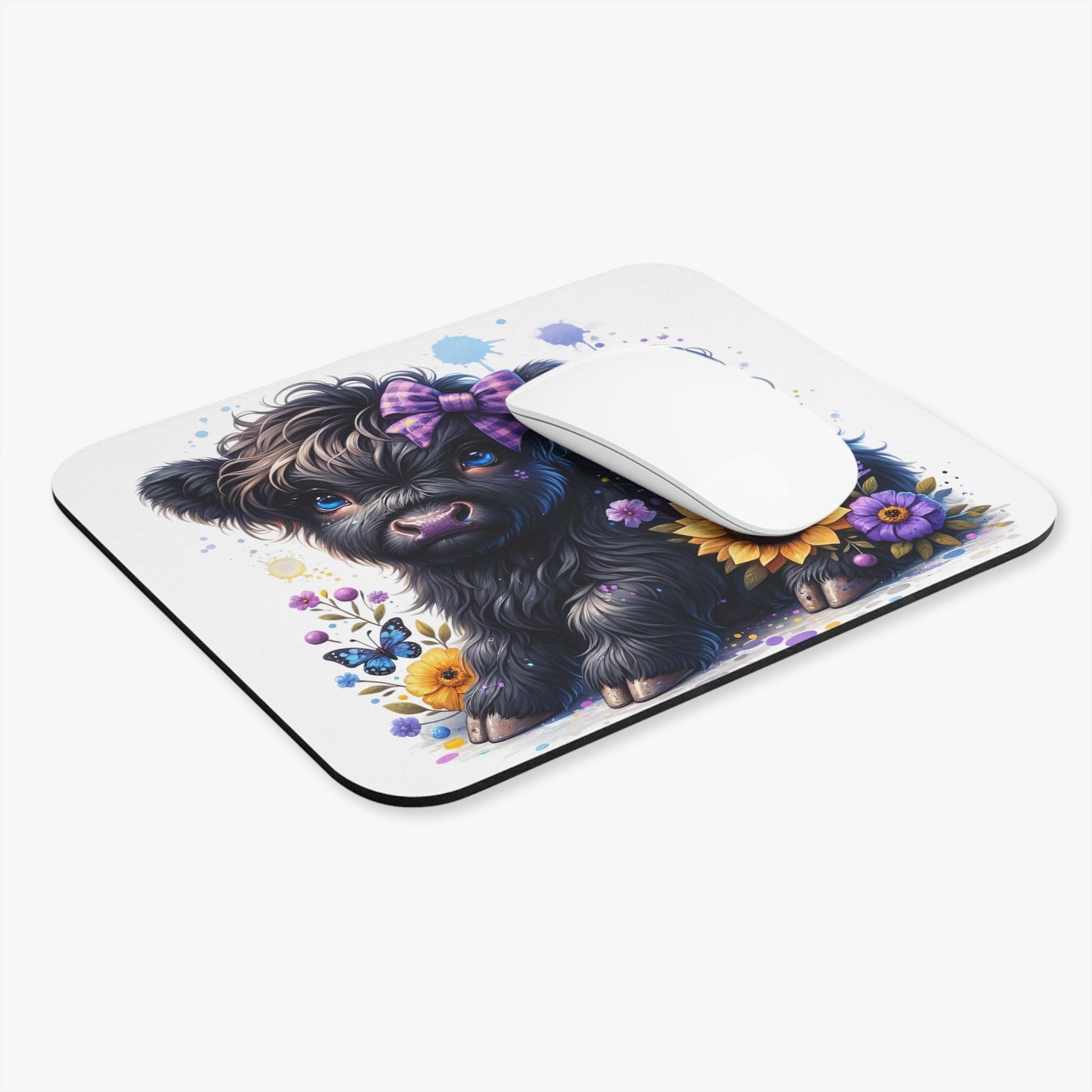 🖱️🌼🐮 Highland Calf w/ Purple Bow Mouse Pad – Playful Country Charm for Your Desk