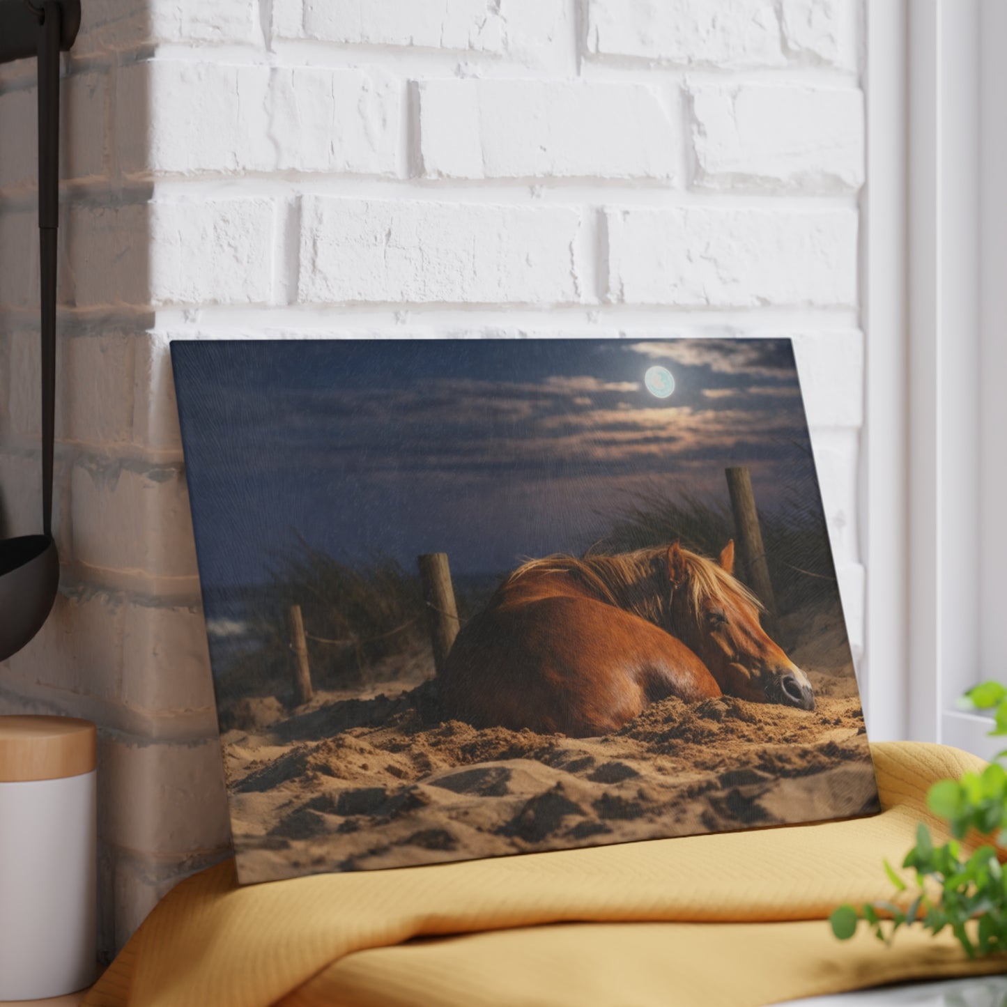 Peaceful Horse on Moonlit Beach Glass Cutting Board – Coastal Farmhouse Horse Lover Kitchen Decor