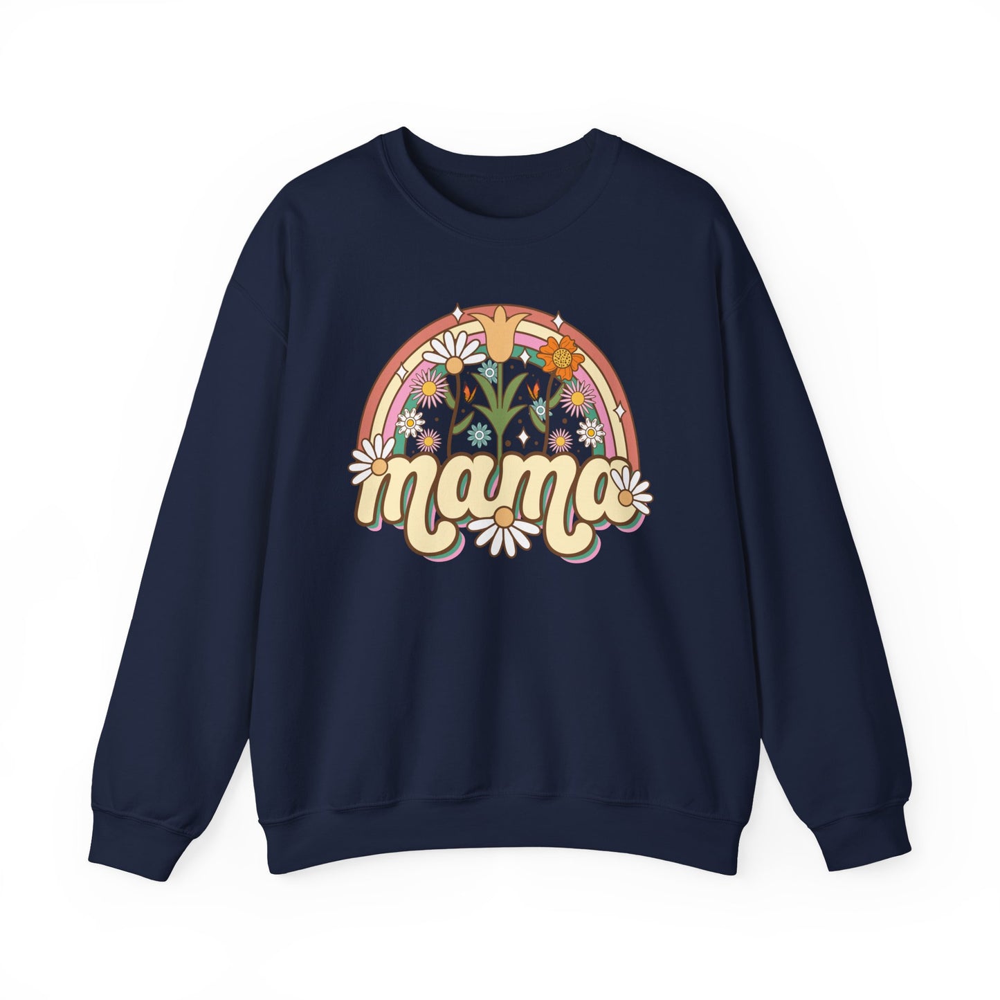 🌼🌈 Retro Floral Mama Sweatshirt – Vintage Rainbow Daisy Mom Crewneck