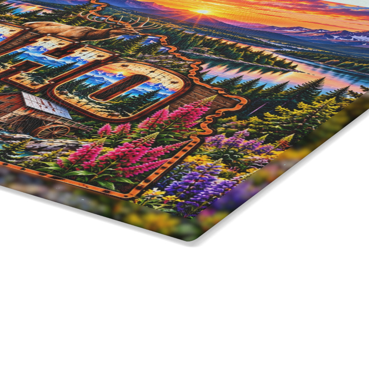 Idaho Glass Cutting Board – Idaho State Map, Rocky Mountains, Elk, Waterfalls, Potatoes & Mountain Sunset Kitchen Décor