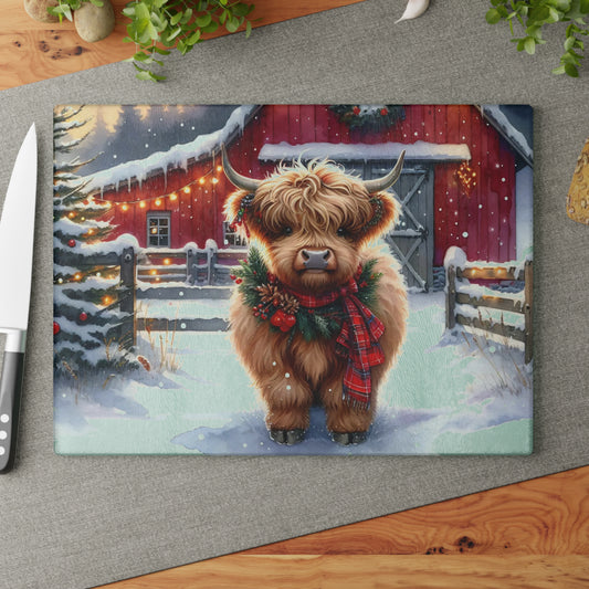 🐮❄️ “Cozy Highland Holiday Cow” Glass Cutting Board – Winter Charm for Your Kitchen