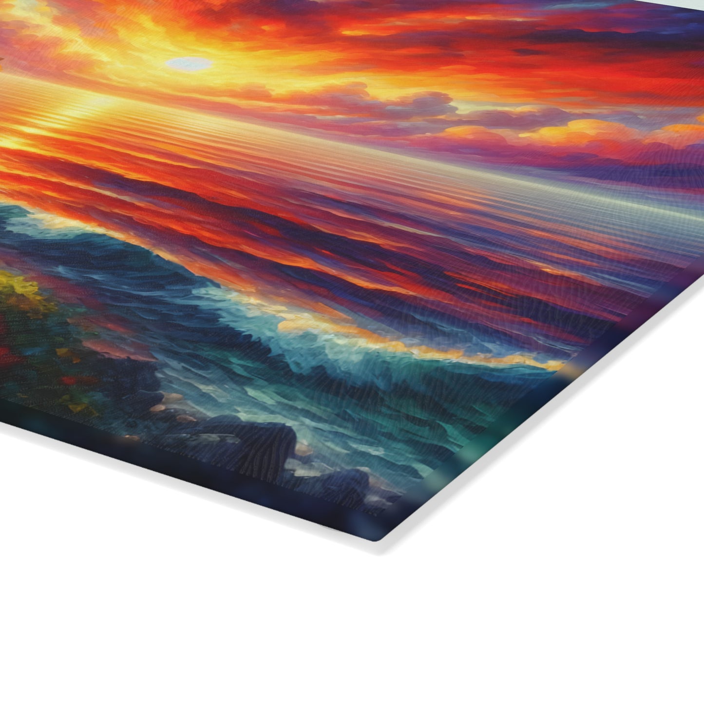 Radiant Lighthouse Sunset Glass Cutting Board – Coastal Seascape Art Kitchen Display
