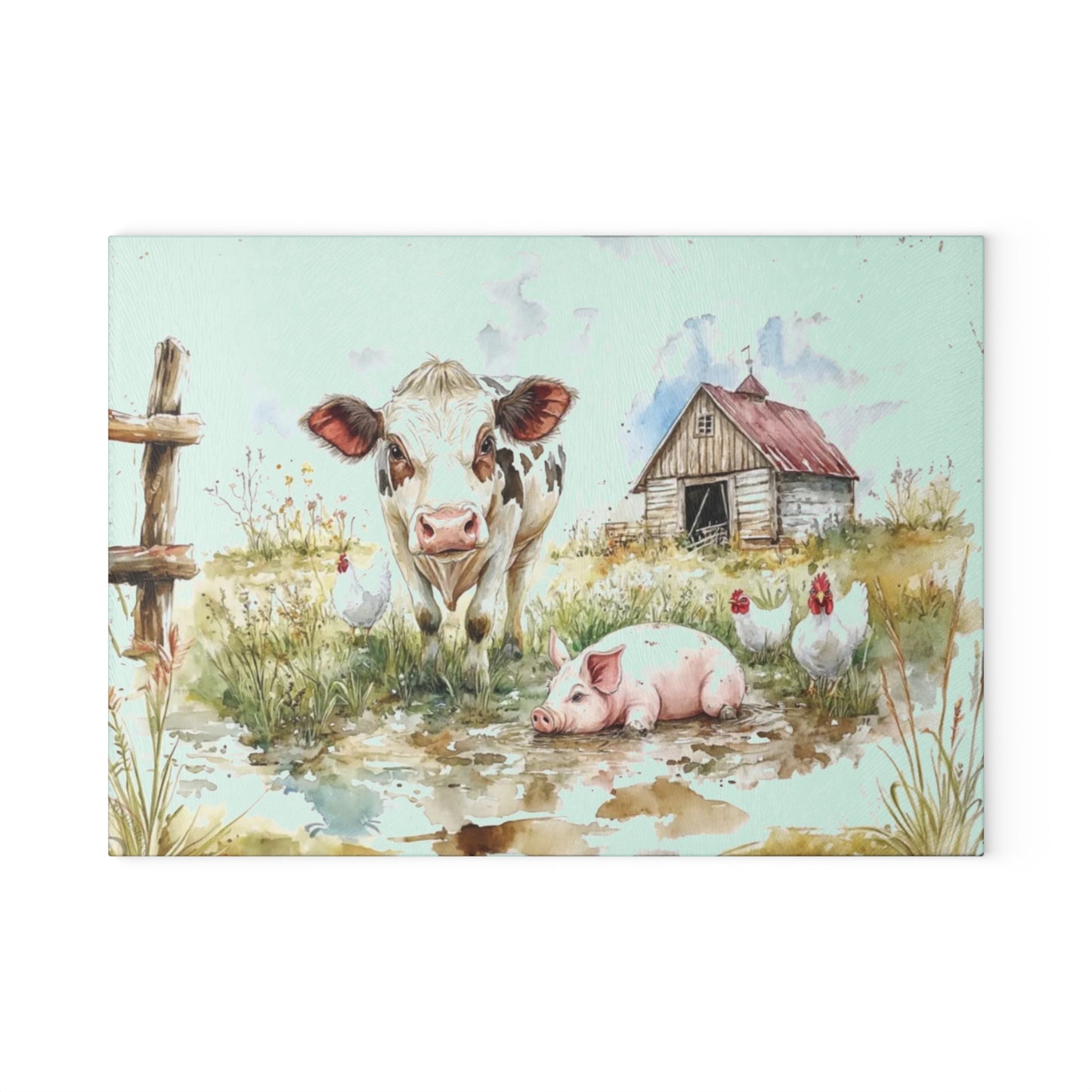 🐮🐷🐔 “Pasture Pals Farm Day” Glass Cutting Board – Sweet Country Scene