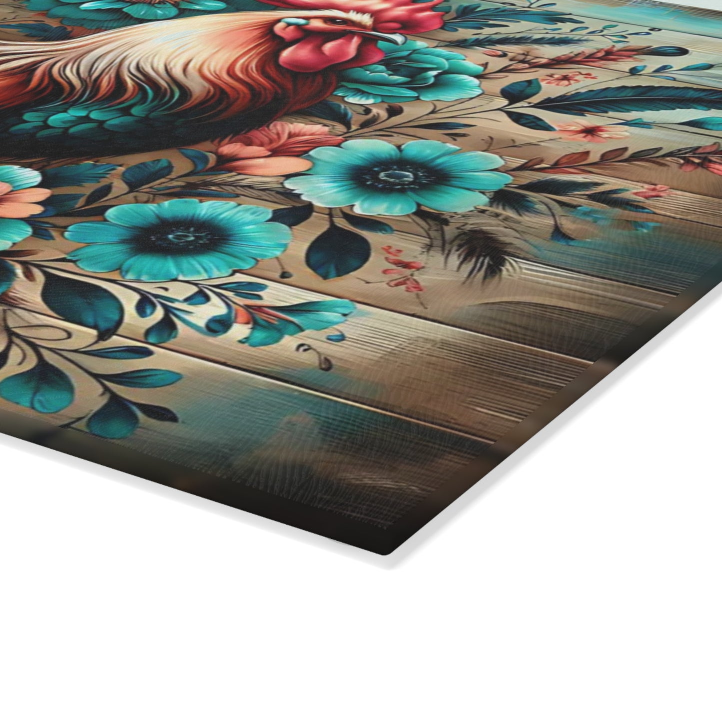 🐓 Rustic Rooster & Teal Floral Cutting Board – Farmhouse Country Kitchen Décor