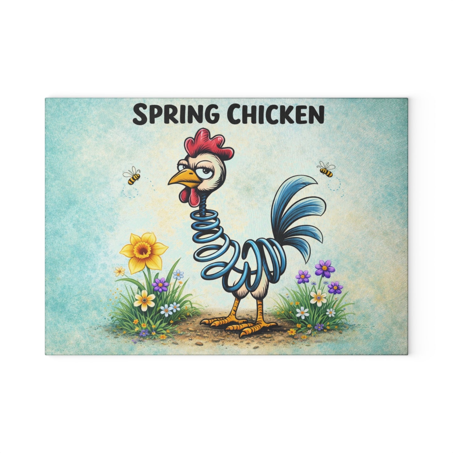 Spring Chicken Glass Cutting Board – Whimsical Chicken Artwork with Playful Spring Humor