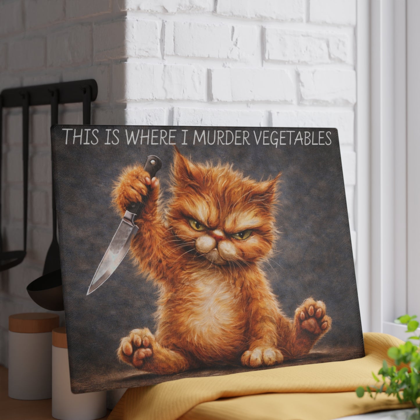 This Is Where I Murder Vegetables Glass Cutting Board – Funny Grumpy Cat Kitchen Art